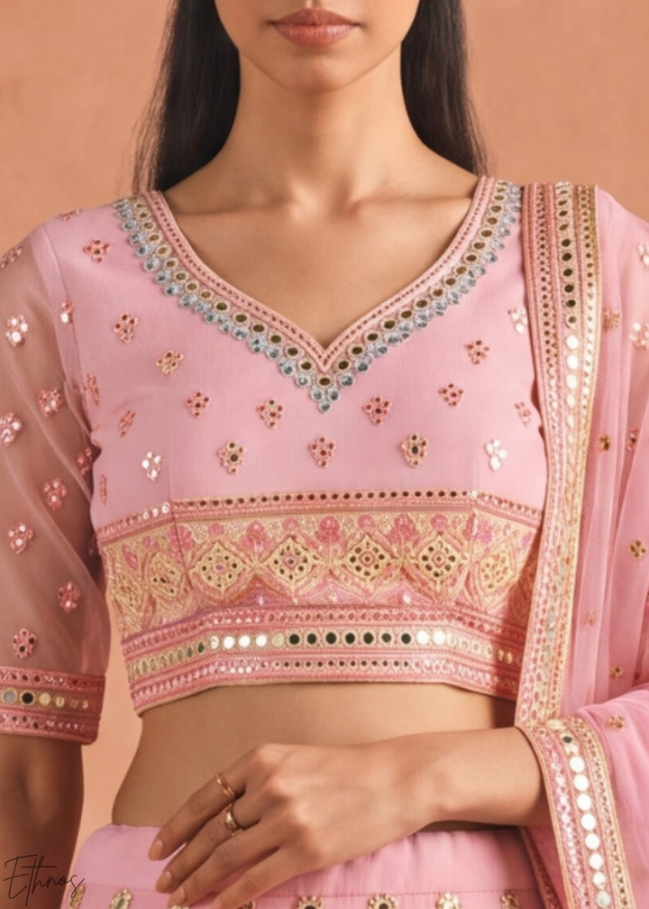 Orchid Pink Scalloped Medallion Mirror Embellished Organza Lehenga Choli