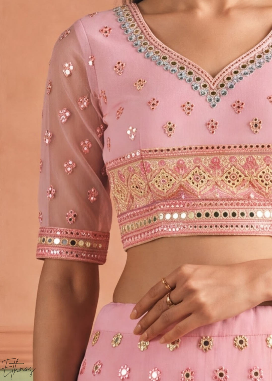 Orchid Pink Scalloped Medallion Mirror Embellished Organza Lehenga Choli