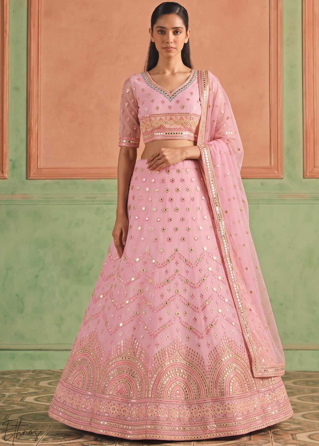 Orchid Pink Scalloped Medallion Mirror Embellished Organza Lehenga Choli
