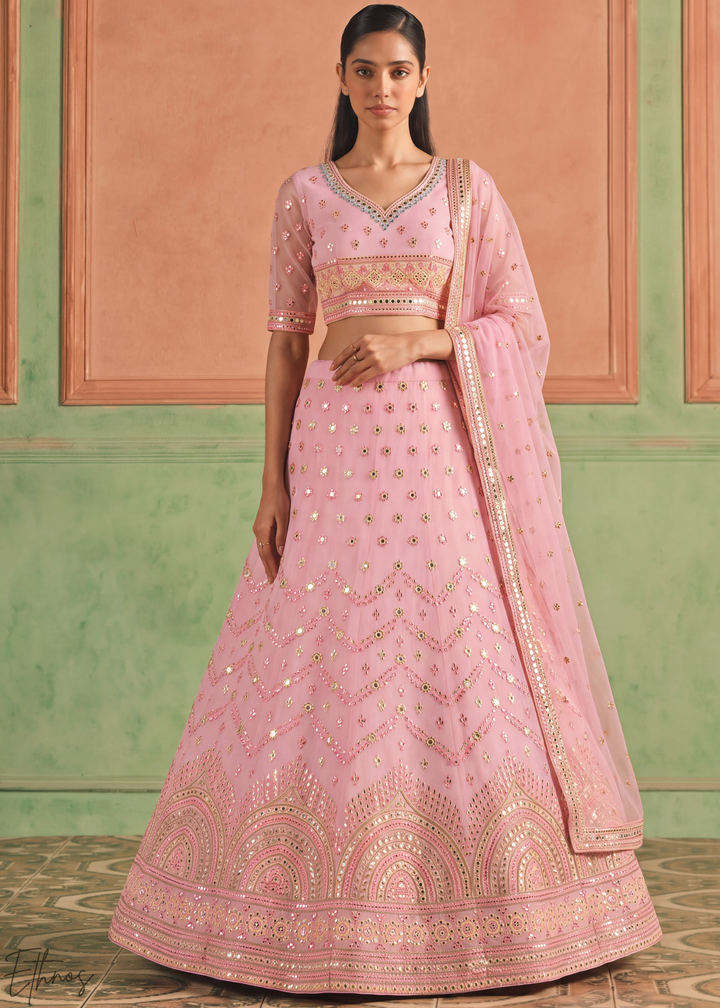 Orchid Pink Scalloped Medallion Mirror Embellished Organza Lehenga Choli