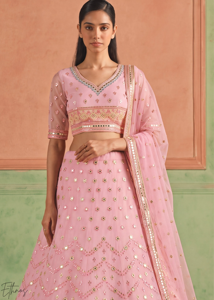 Orchid Pink Scalloped Medallion Mirror Embellished Organza Lehenga Choli