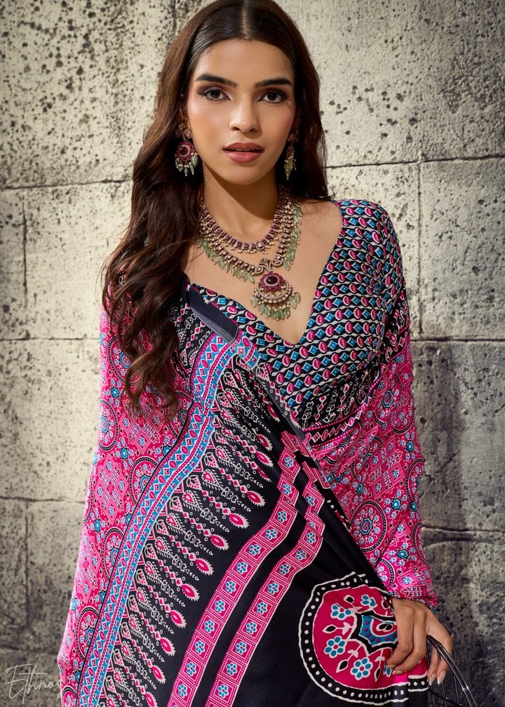 Orchid Plum Ajrakh Printed Modal Satin Saree