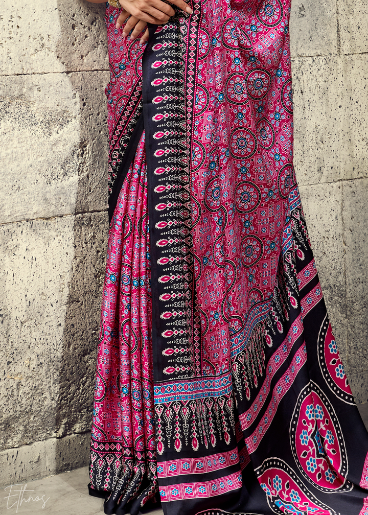 Orchid Plum Ajrakh Printed Modal Satin Saree