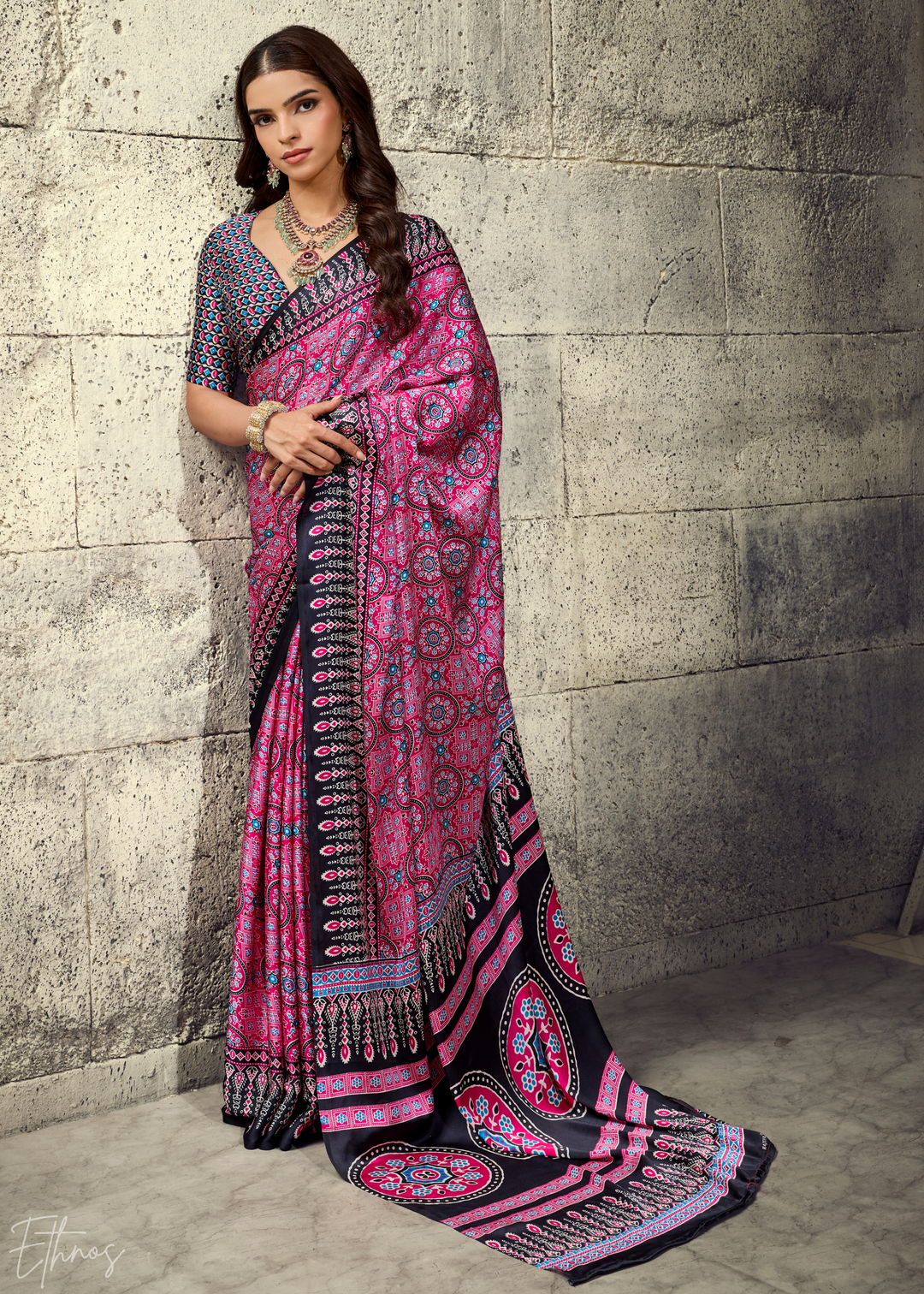 Orchid Plum Ajrakh Printed Modal Satin Saree