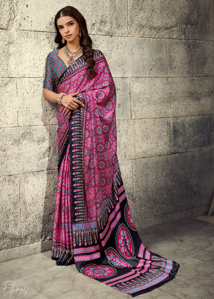 Orchid Plum Ajrakh Printed Modal Satin Saree