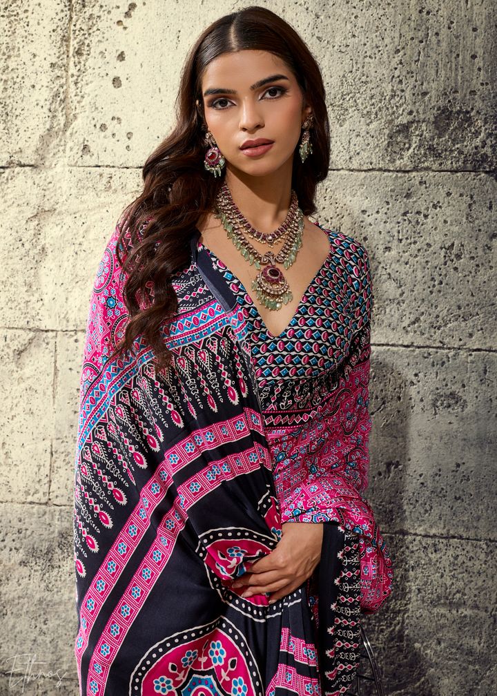 Orchid Plum Ajrakh Printed Modal Satin Saree