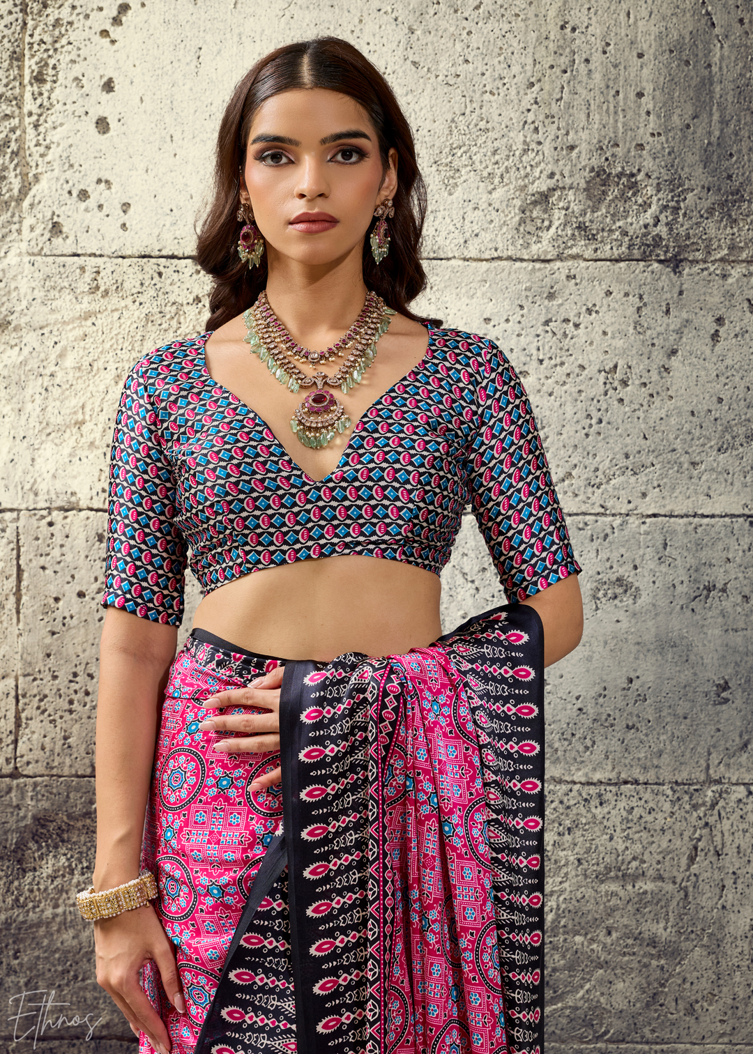 Orchid Plum Ajrakh Printed Modal Satin Saree