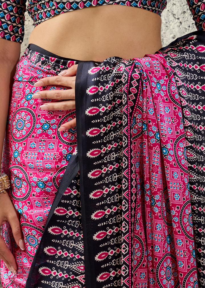 Orchid Plum Ajrakh Printed Modal Satin Saree