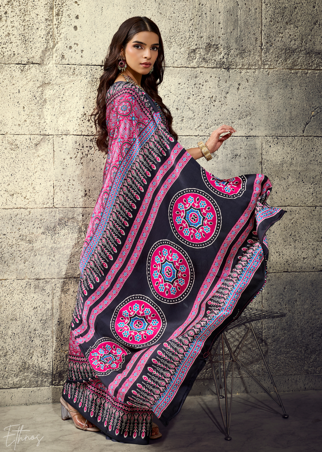 Orchid Plum Ajrakh Printed Modal Satin Saree