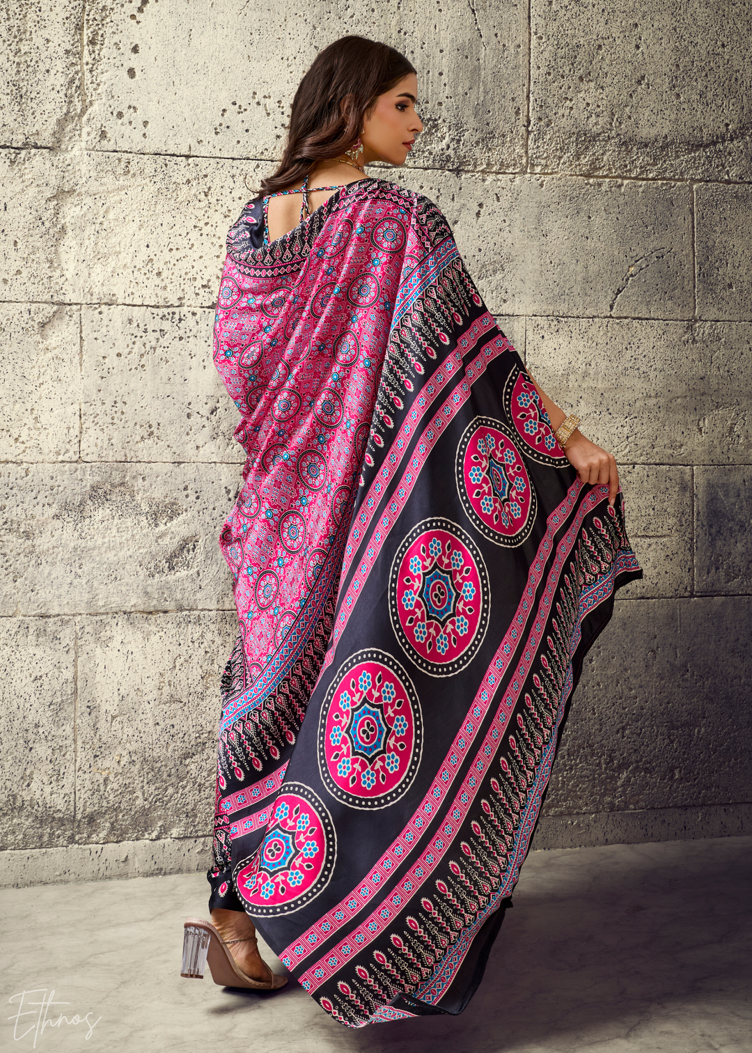 Orchid Plum Ajrakh Printed Modal Satin Saree