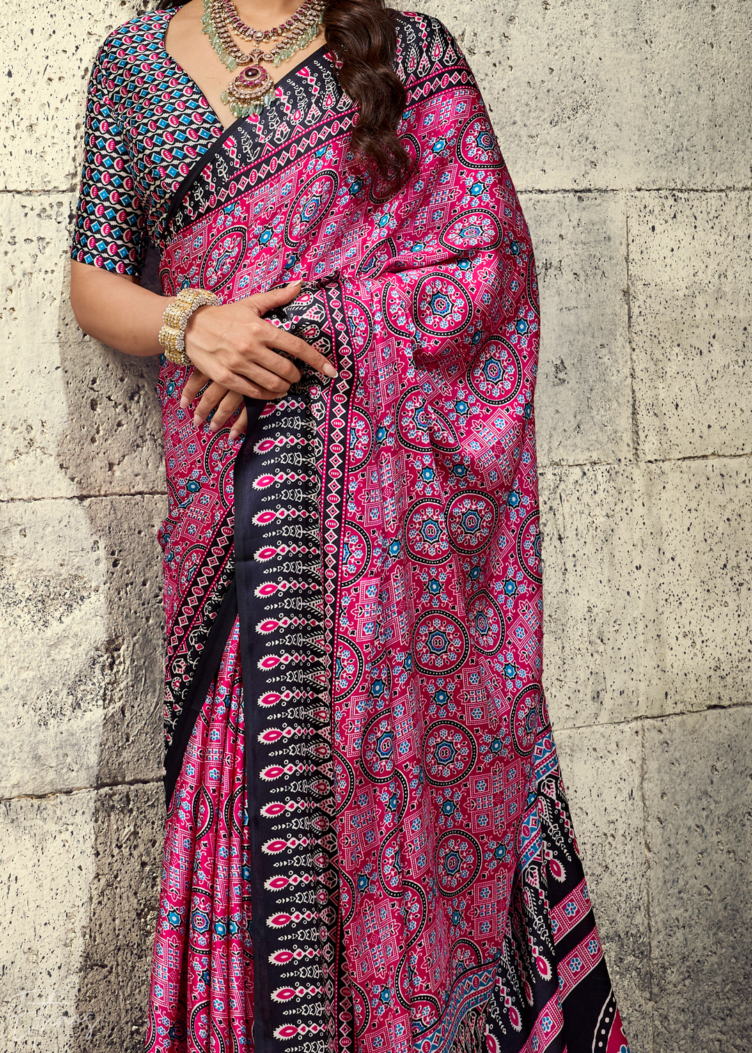 Orchid Plum Ajrakh Printed Modal Satin Saree