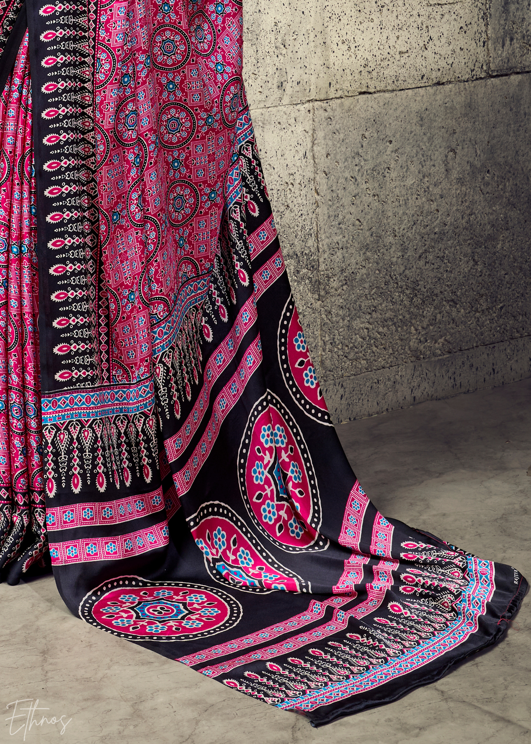 Orchid Plum Ajrakh Printed Modal Satin Saree