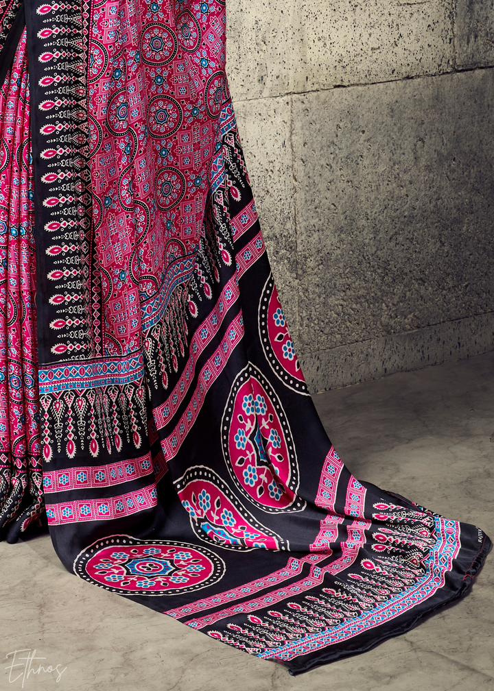 Orchid Plum Ajrakh Printed Modal Satin Saree