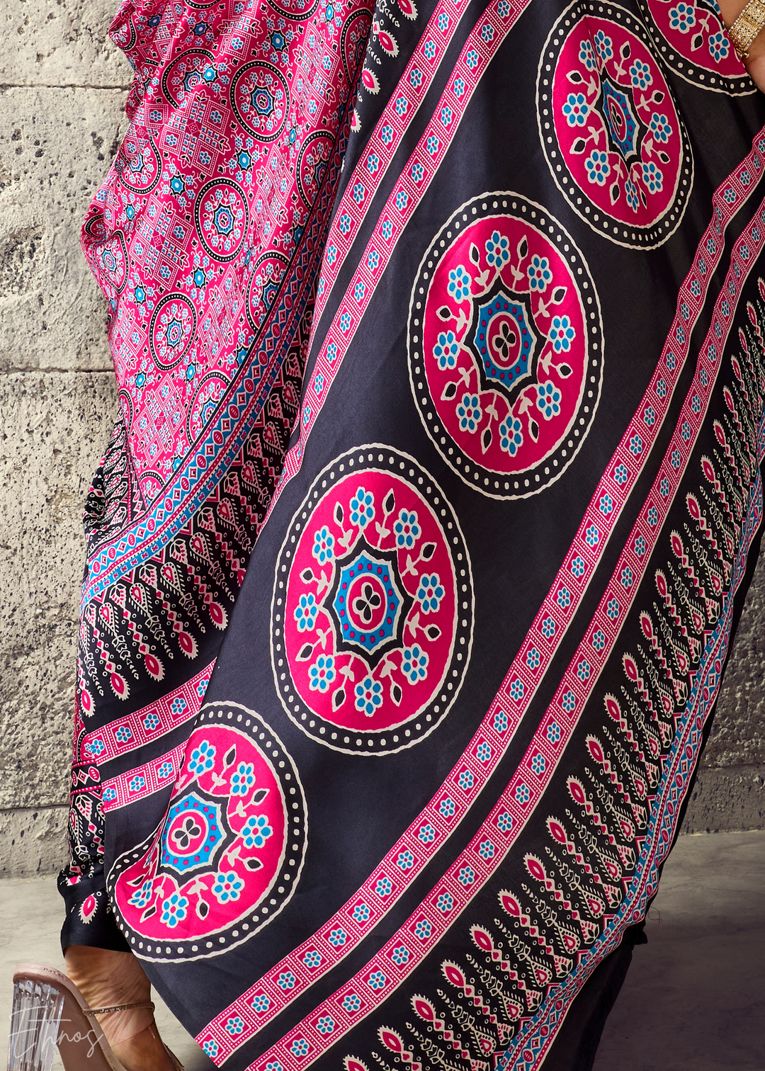 Orchid Plum Ajrakh Printed Modal Satin Saree