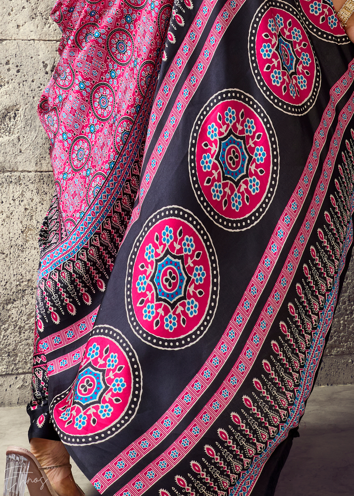 Orchid Plum Ajrakh Printed Modal Satin Saree