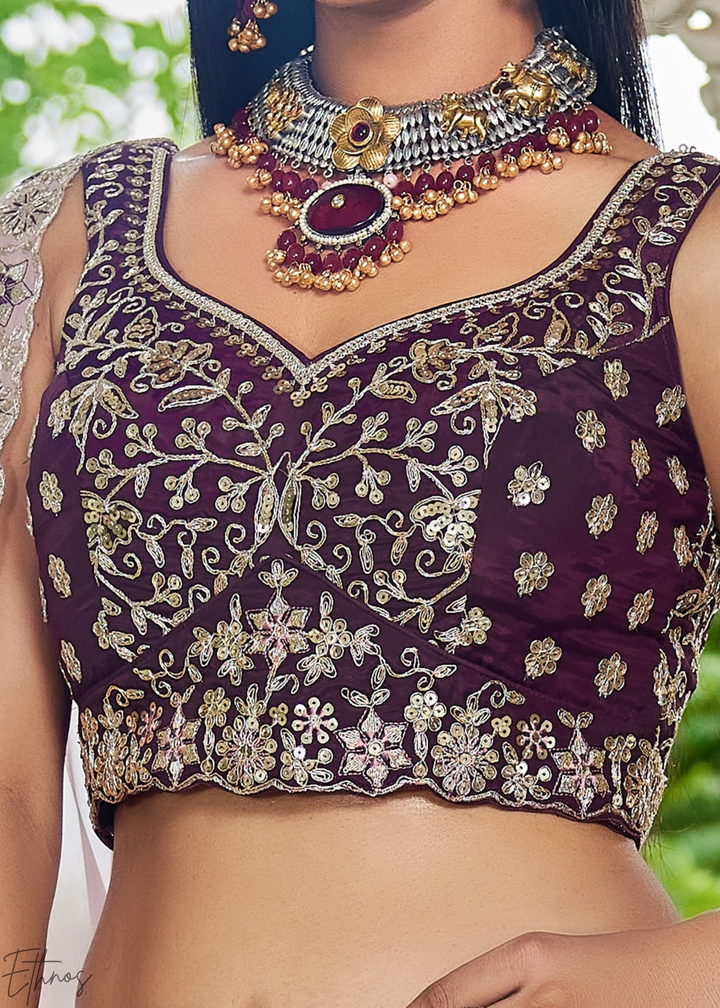 Orchid Plum Radiant Blossom Organza Lehenga
