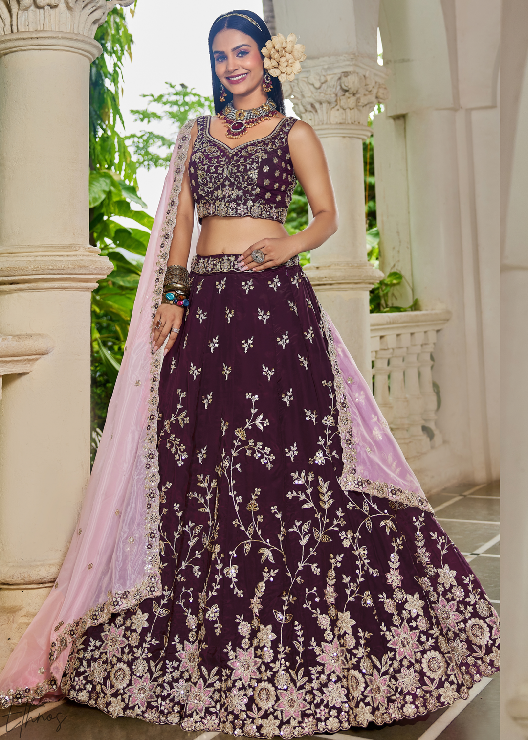 Orchid Plum Radiant Blossom Organza Lehenga