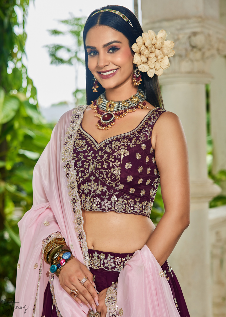 Orchid Plum Radiant Blossom Organza Lehenga