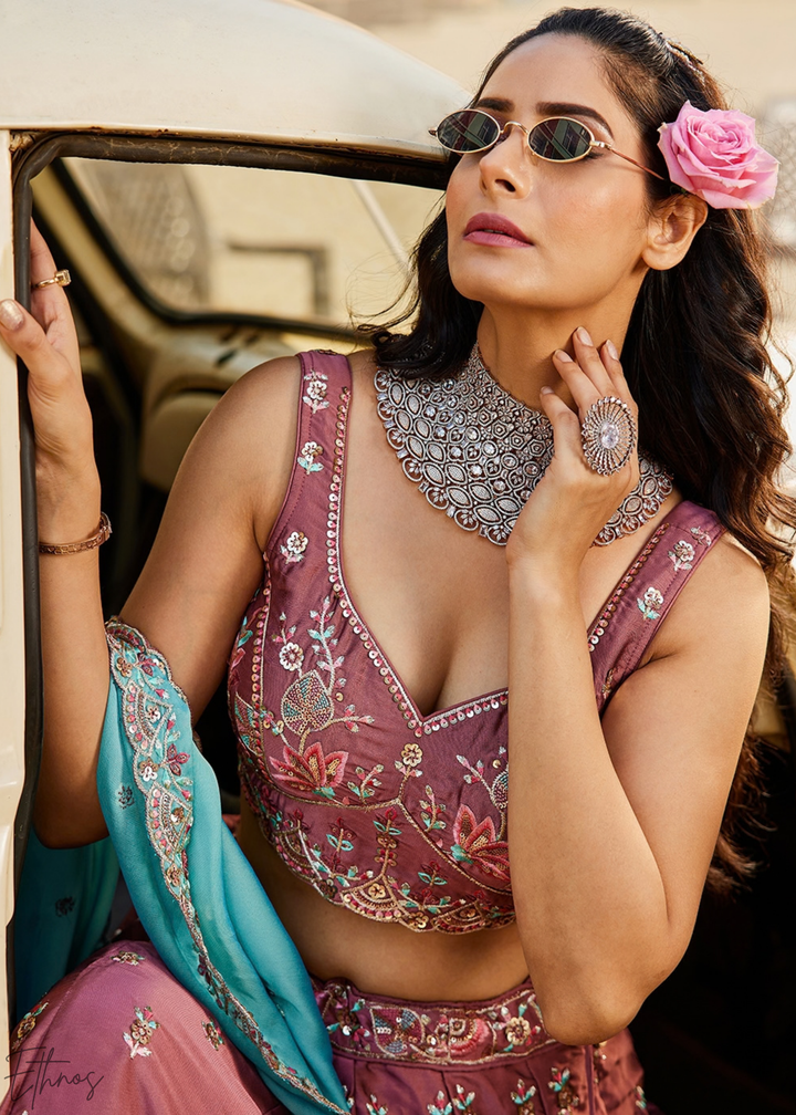 Orchid Plum Radiant Blossom Poly Georgette Lehenga