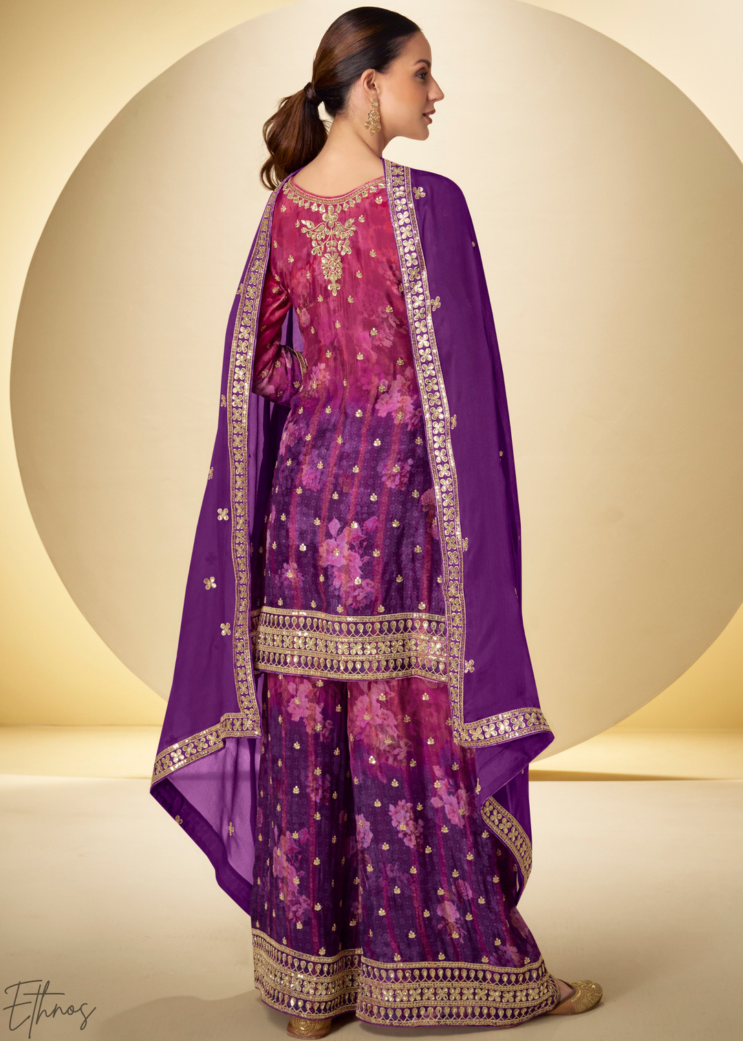 Orchid Plum Radiant Medallion Chinon Digital Print Palazzo Suit