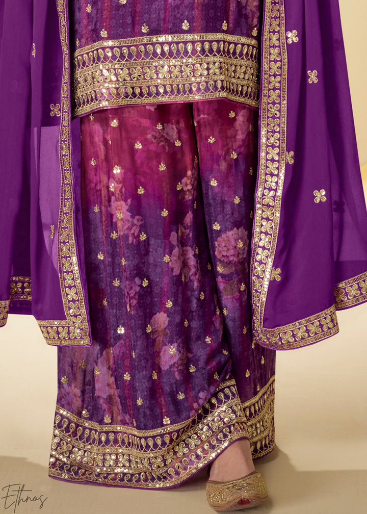 Orchid Plum Radiant Medallion Chinon Digital Print Palazzo Suit