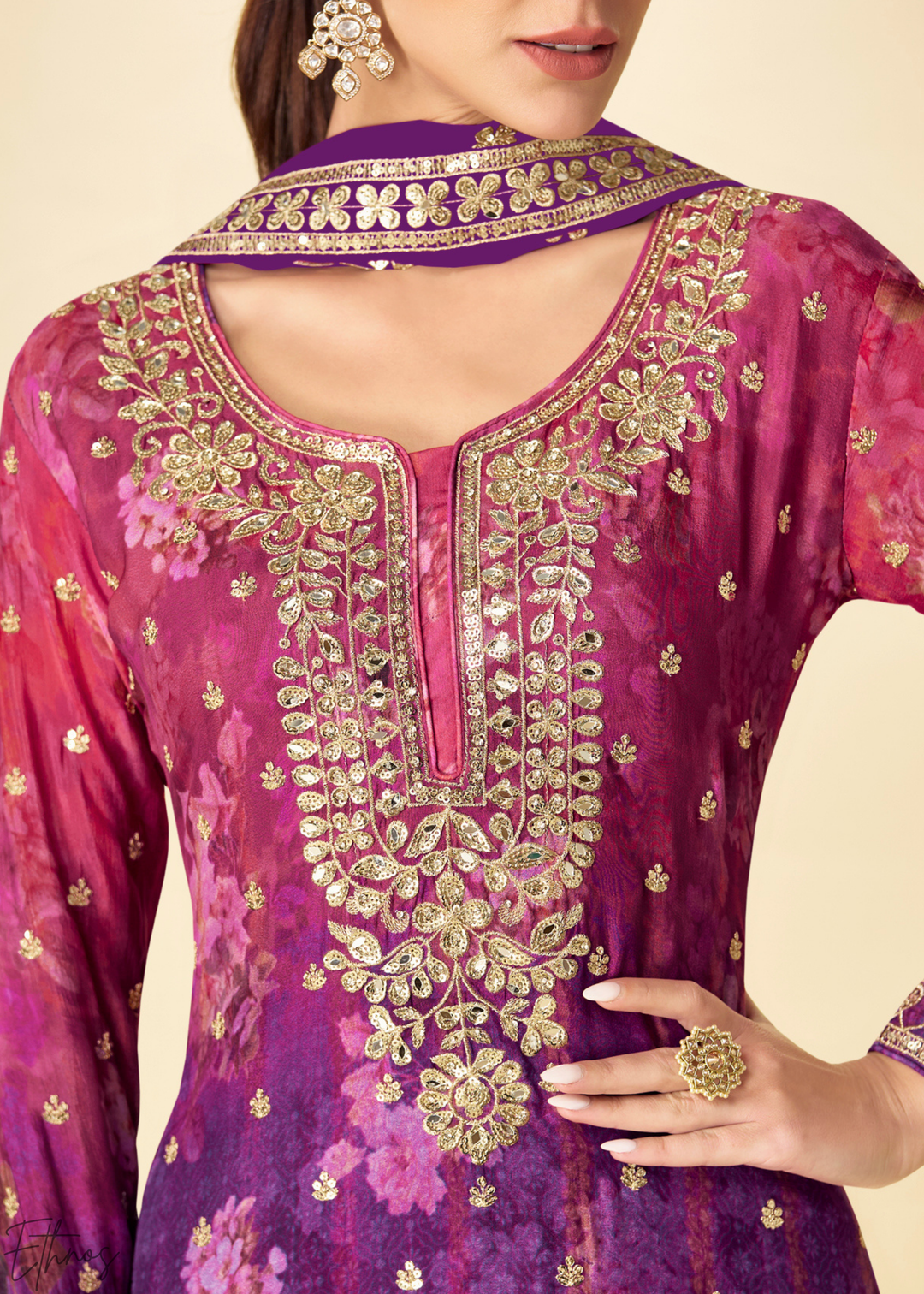 Orchid Plum Radiant Medallion Chinon Digital Print Palazzo Suit