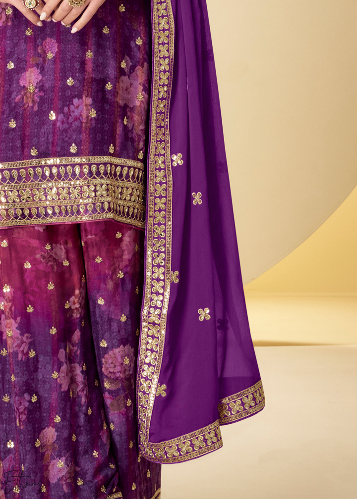Orchid Plum Radiant Medallion Chinon Digital Print Palazzo Suit