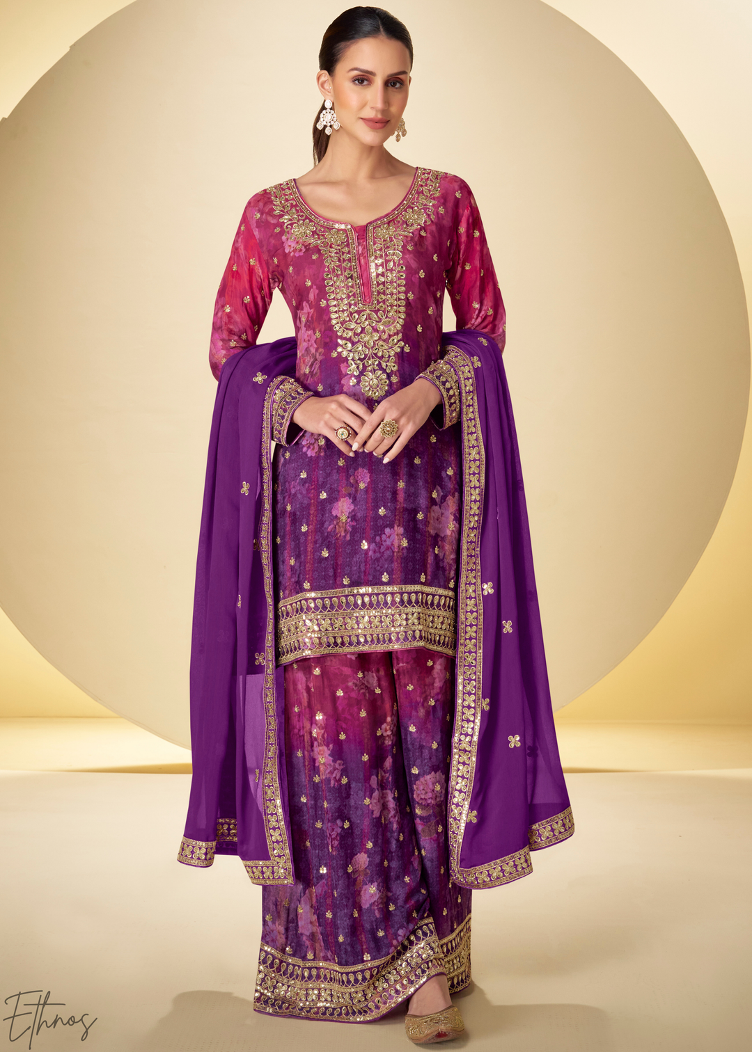 Orchid Plum Radiant Medallion Chinon Digital Print Palazzo Suit