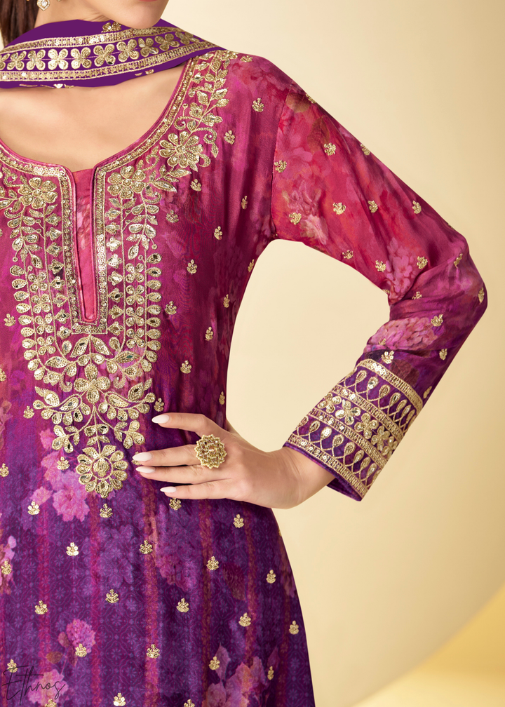 Orchid Plum Radiant Medallion Chinon Digital Print Palazzo Suit