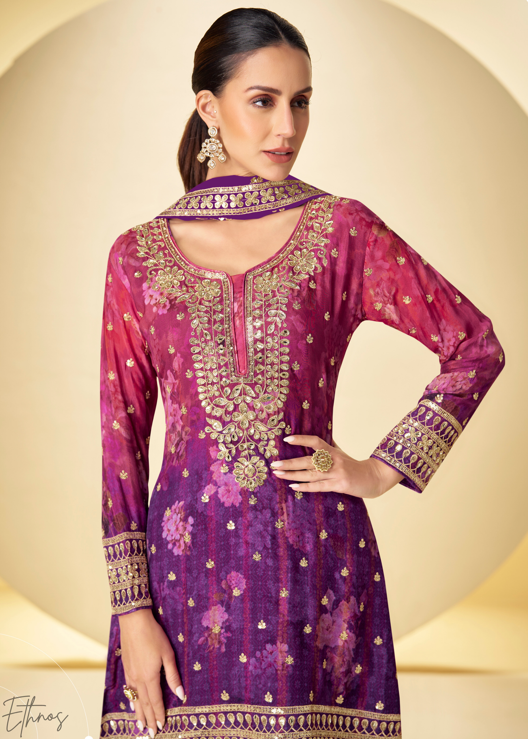 Orchid Plum Radiant Medallion Chinon Digital Print Palazzo Suit
