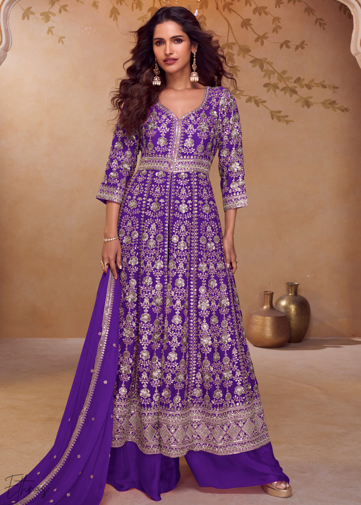 Orchid Gilded Chinon Slit-Kalidaar Palazzo Suit