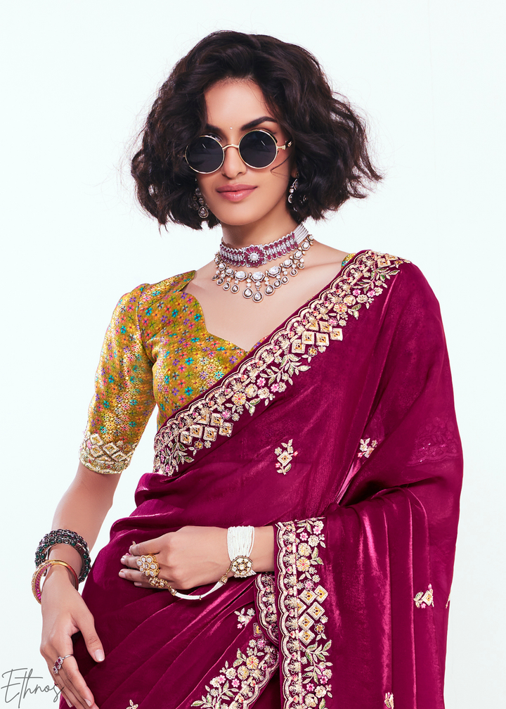 Orchid Magenta Embroidered Tissue Saree
