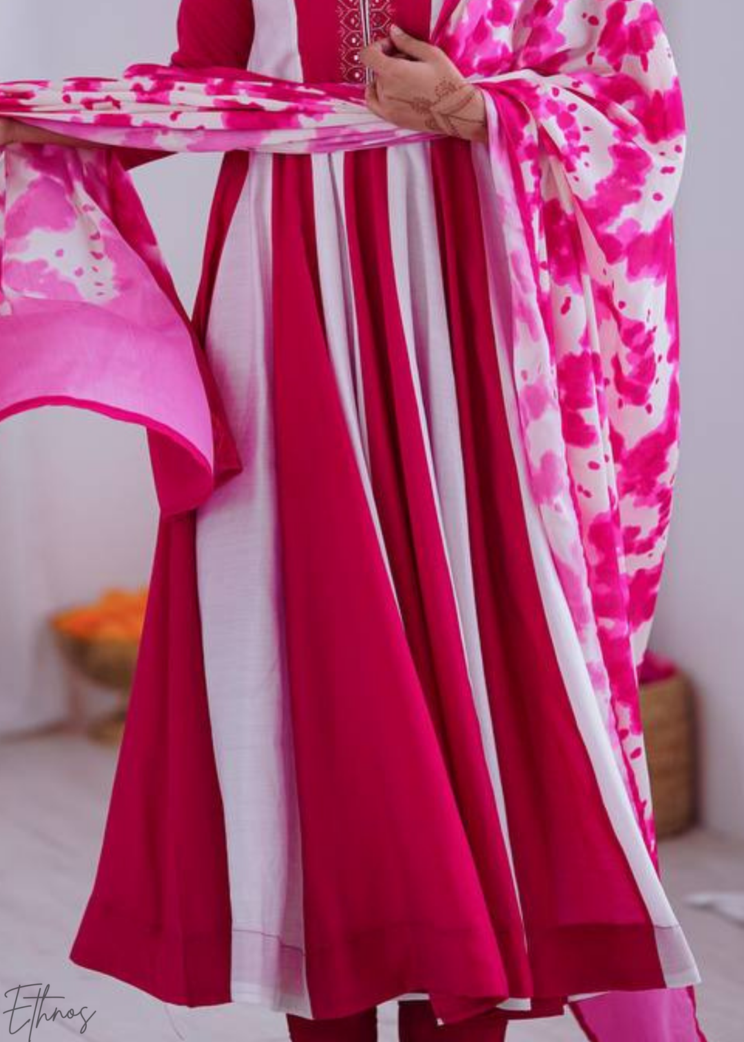 Pink & White Silk Printed Anarkali Suit