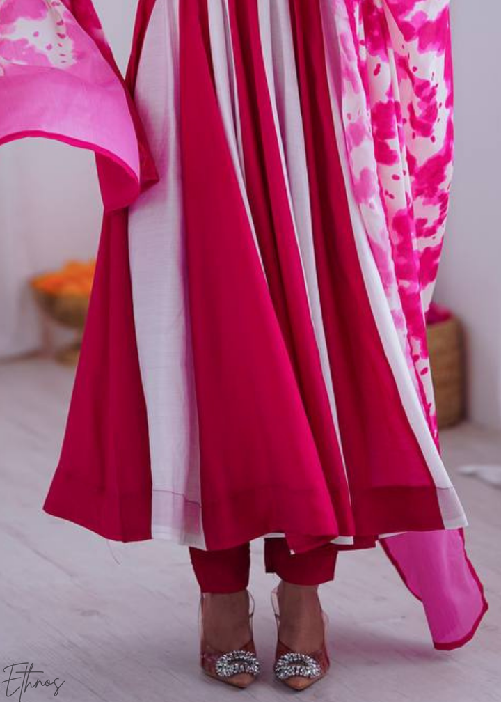 Pink & White Silk Printed Anarkali Suit