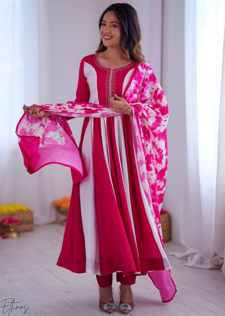 Pink & White Silk Printed Anarkali Suit