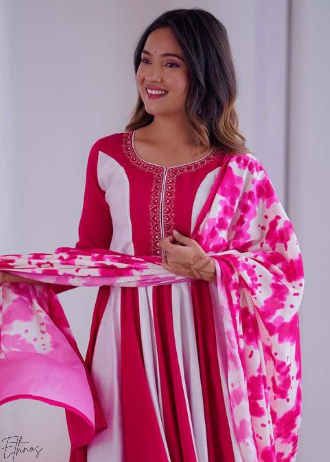 Pink & White Silk Printed Anarkali Suit