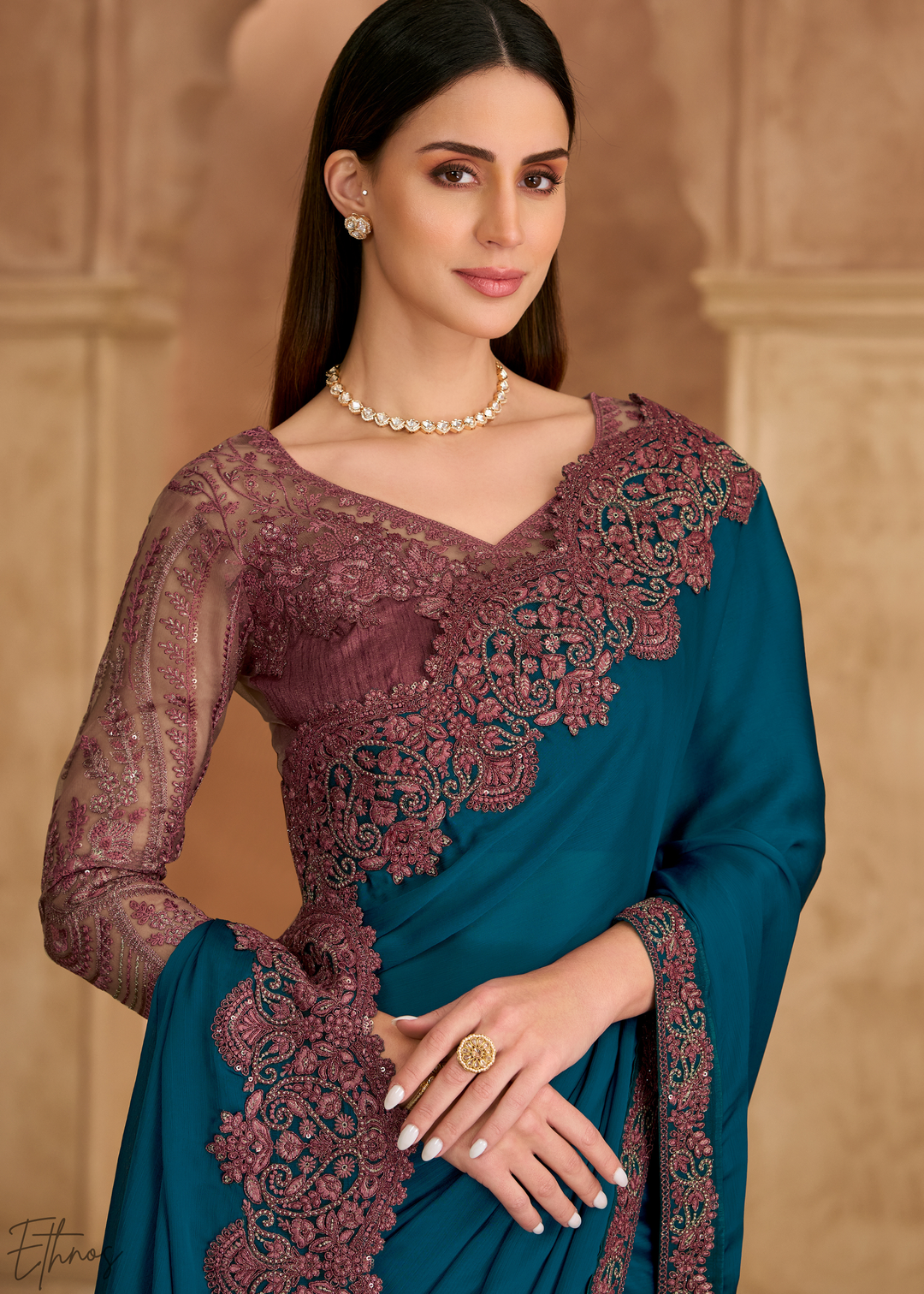 Pacific Blue Scalloped Edge Satin Chiffon Saree