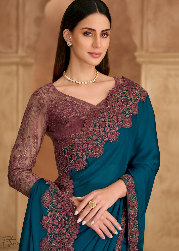 Pacific Blue Scalloped Edge Satin Chiffon Saree