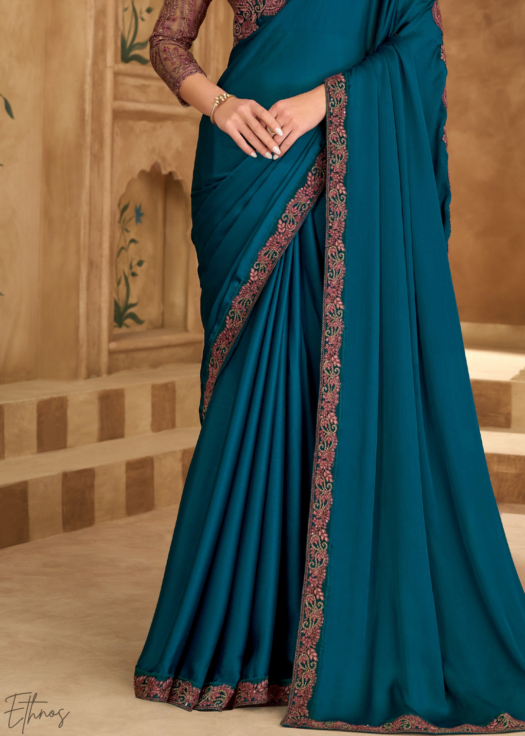 Pacific Blue Scalloped Edge Satin Chiffon Saree