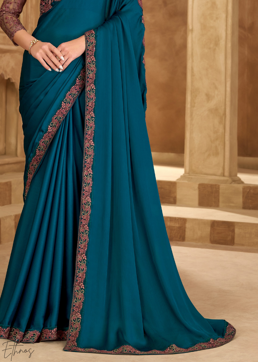 Pacific Blue Scalloped Edge Satin Chiffon Saree