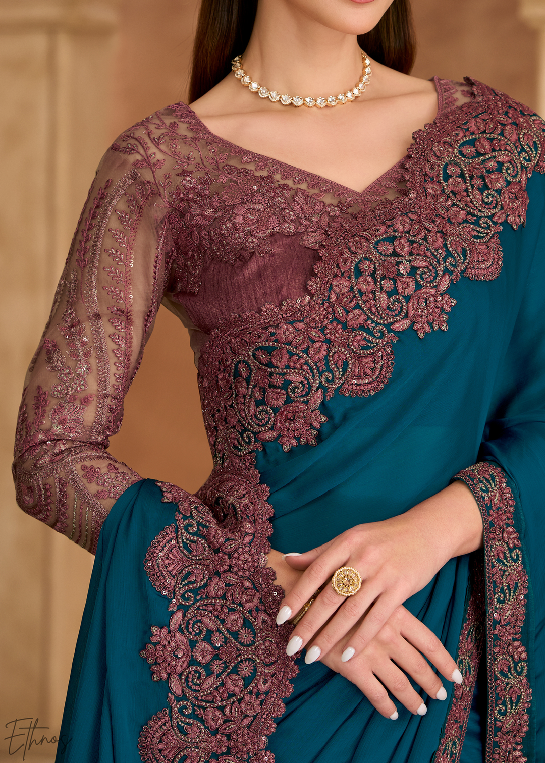 Pacific Blue Scalloped Edge Satin Chiffon Saree