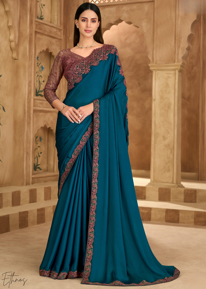 Pacific Blue Scalloped Edge Satin Chiffon Saree