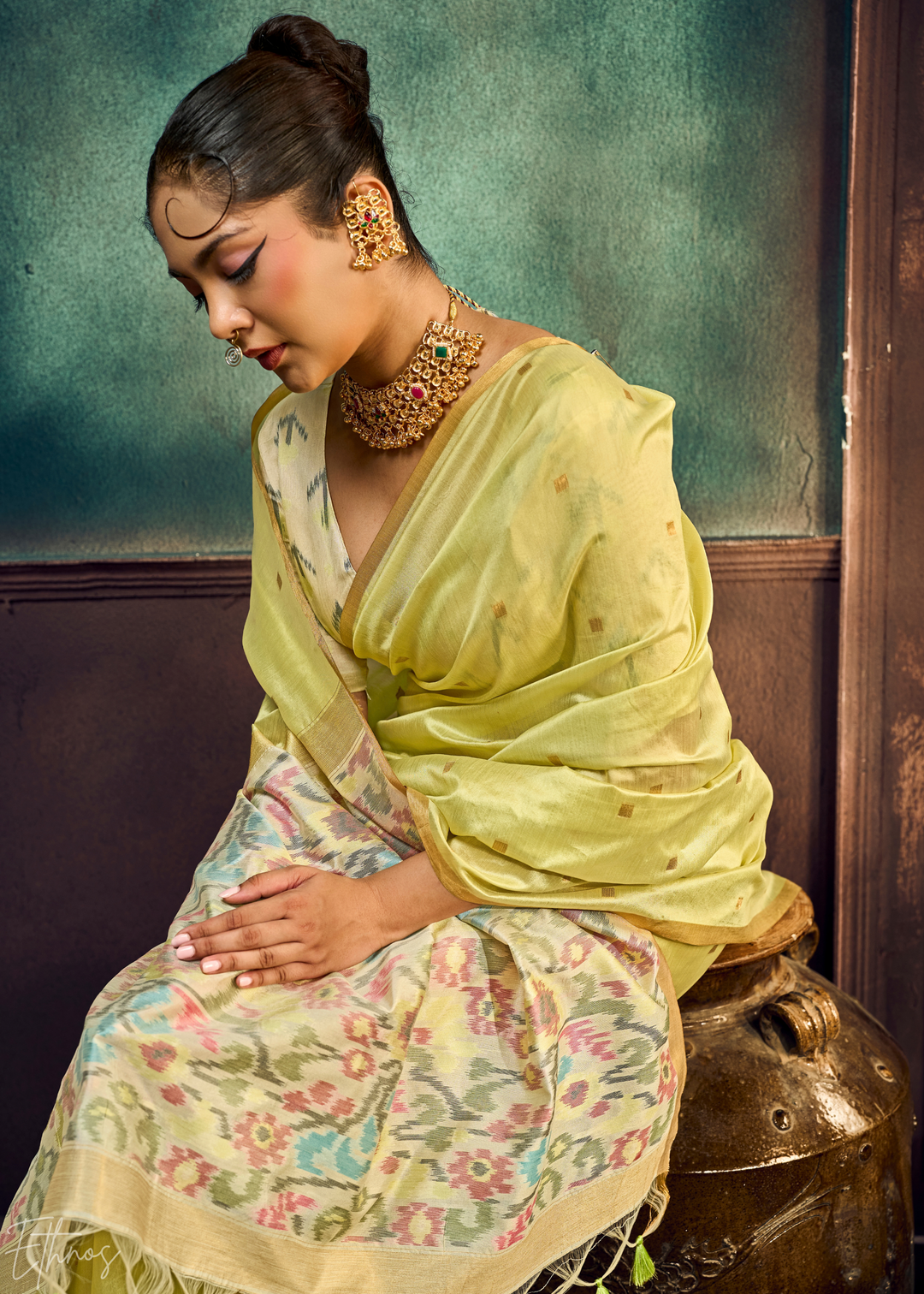 Pale Lime Artisan Phulkari Weave Silk Saree