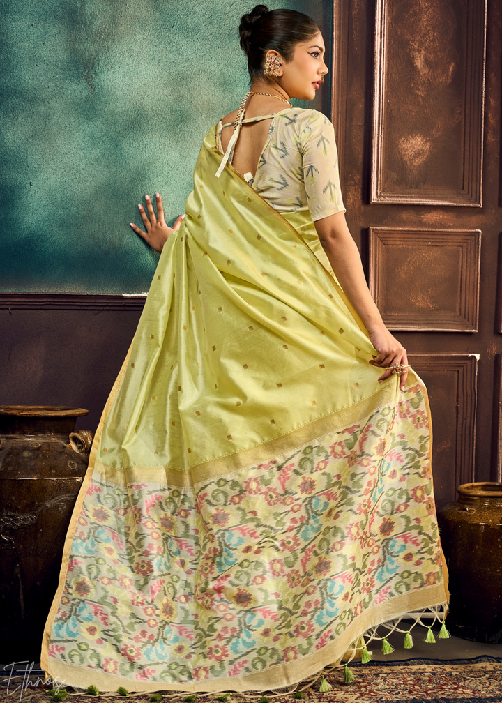 Pale Lime Artisan Phulkari Weave Silk Saree