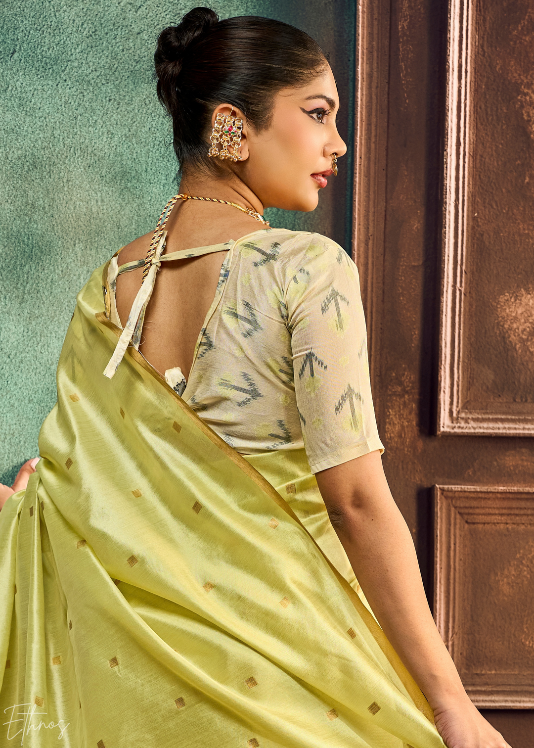 Pale Lime Artisan Phulkari Weave Silk Saree