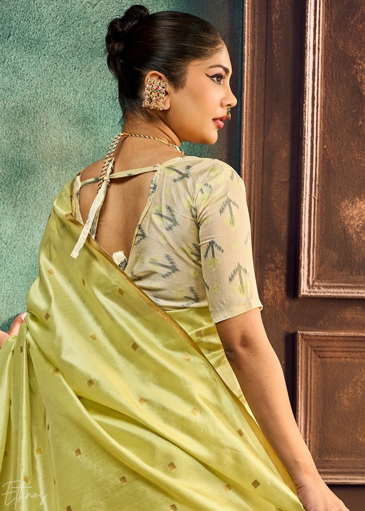 Pale Lime Artisan Phulkari Weave Silk Saree
