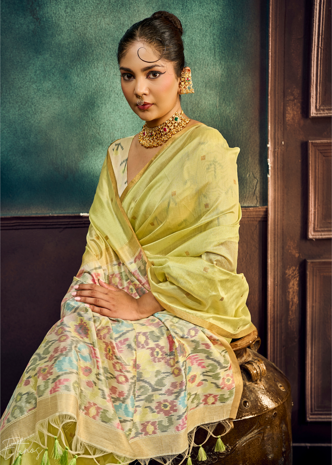 Pale Lime Artisan Phulkari Weave Silk Saree