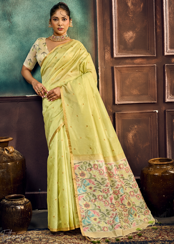 Pale Lime Artisan Phulkari Weave Silk Saree