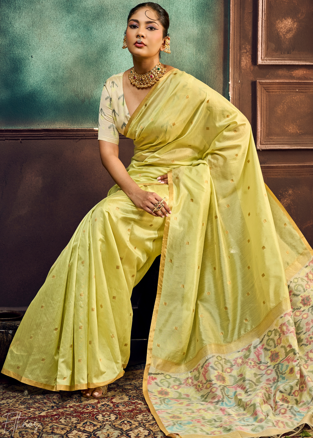 Pale Lime Artisan Phulkari Weave Silk Saree