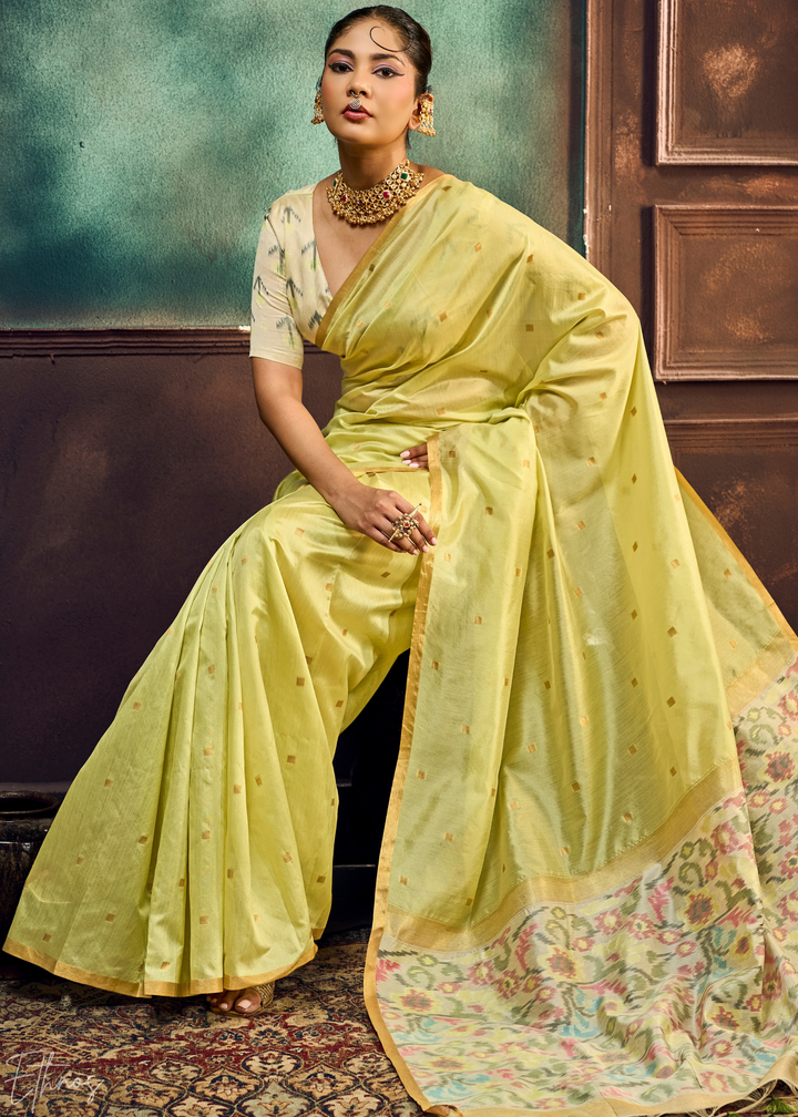 Pale Lime Artisan Phulkari Weave Silk Saree